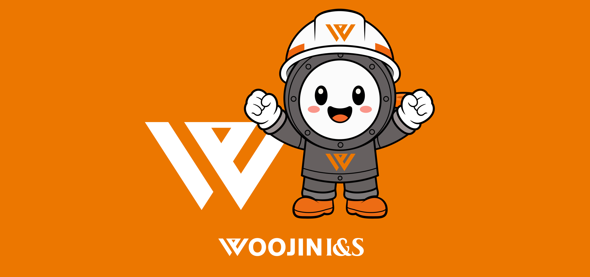 W 심볼, WOOJIN I&S 로고와 환호하는 우지, 오렌지 바탕